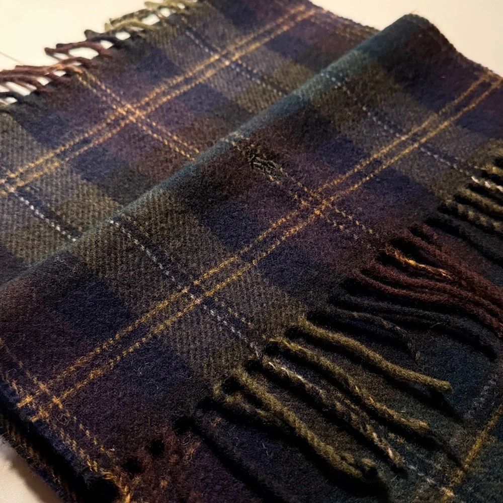 POLO by Ralph Lauren Tartan Plaid Lambswool Fringe Scarf in Navy/Green/Brown